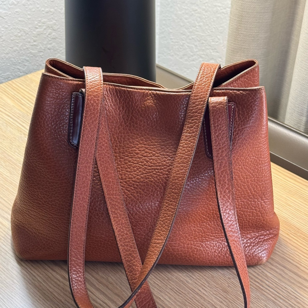 Desmo Brown Leather Made in Italy Large Tote Handbag w/Contrasting White Stitch